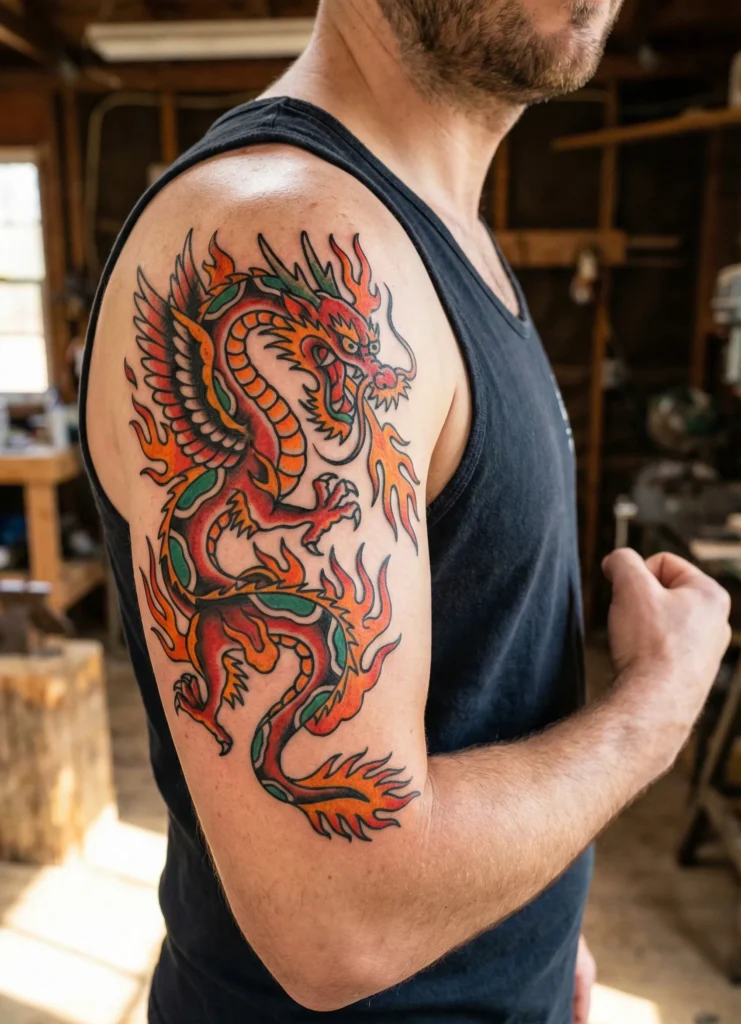Dragon with Flames Tattoo