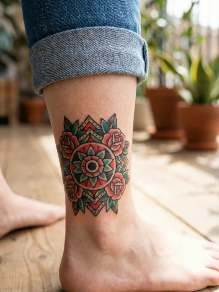 Flower Mandala Ankle Tattoo