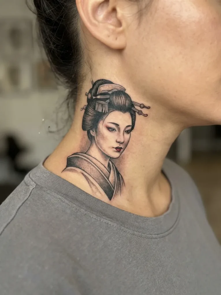 Geisha Portrait Neck Tattoo