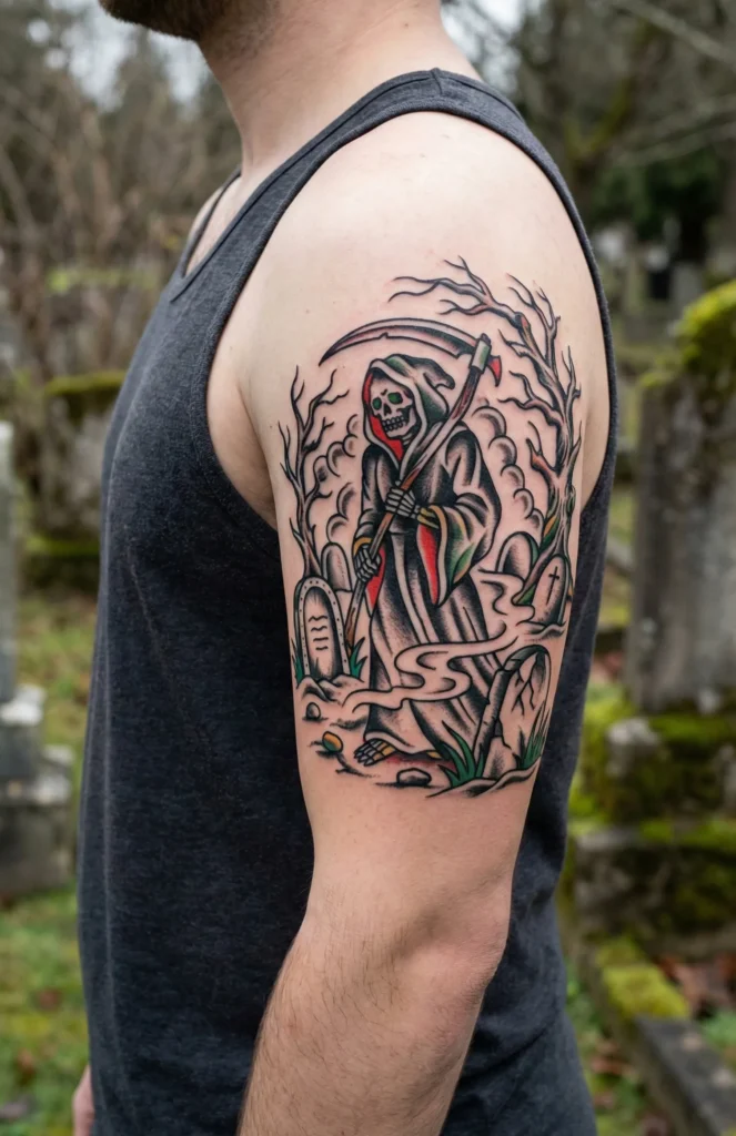 Grim Reaper in Graveyard Scene Tattoo