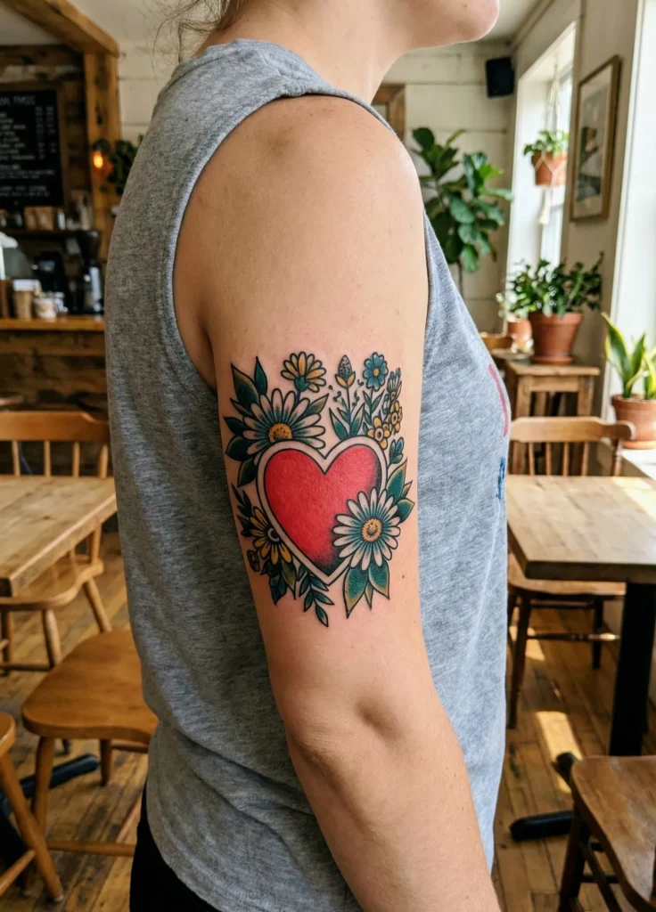 Heart and Flowers Tattoo