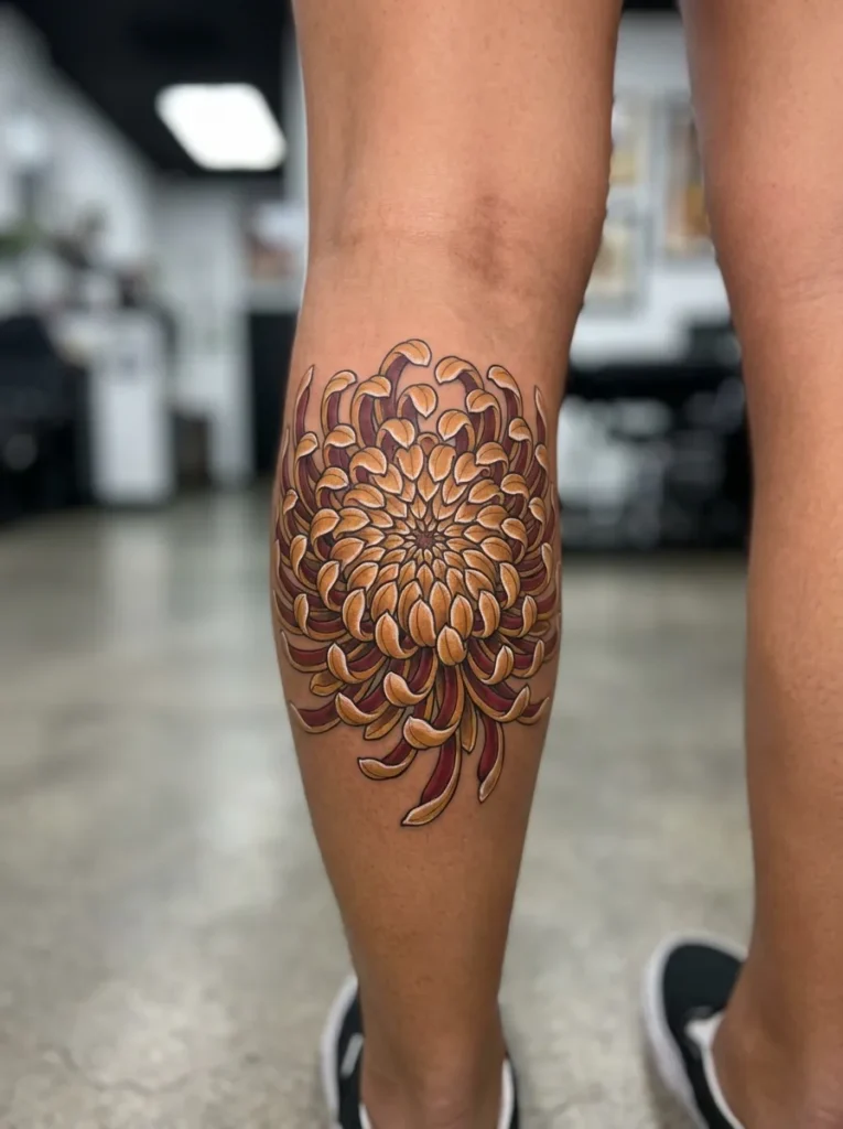 Japanese Chrysanthemum (Kiku) Calf Tattoo