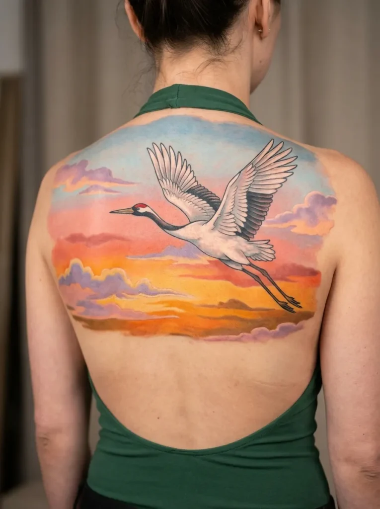 Japanese Crane (Tsuru) with Sunset Sky