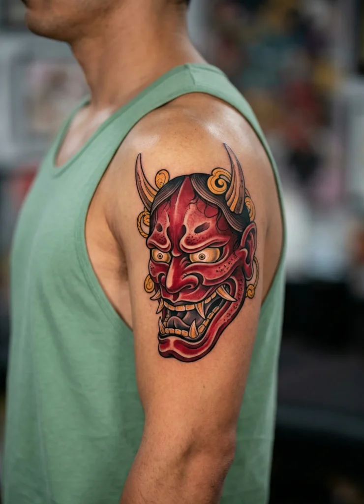 Japanese Devil Grinning with Fangs Detail