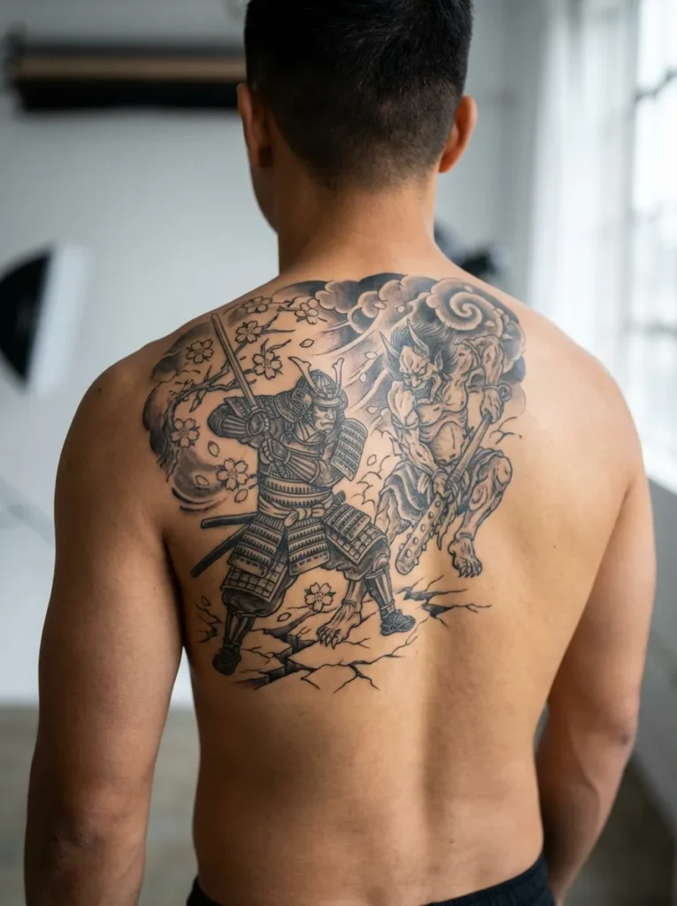 Japanese Devil and Samurai Battle Scene