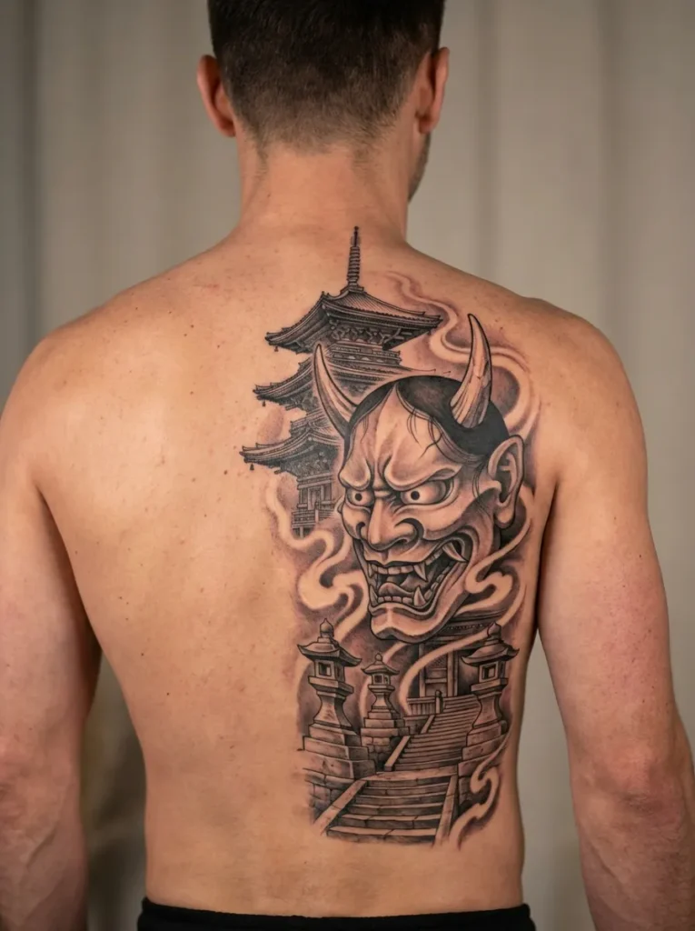 Japanese Devil with Temple Background
