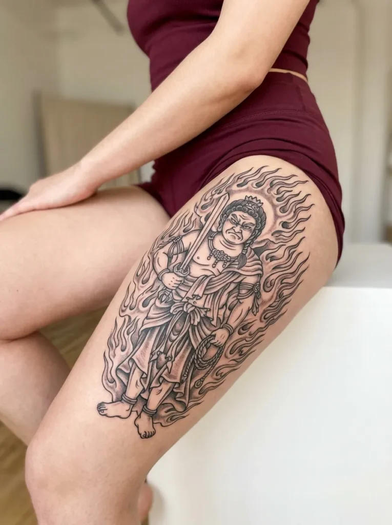 Japanese Fudō Myōō Leg Tattoo