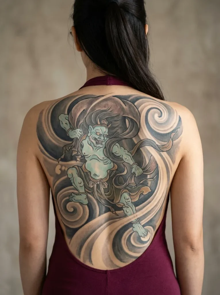 Japanese Fūjin with Flowing Wind Swirls