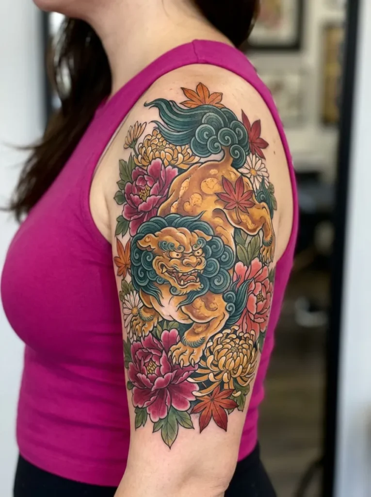 Japanese Karajishi with Multicolor Florals