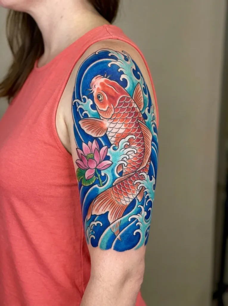 Japanese Koi Fish with Vibrant Waves