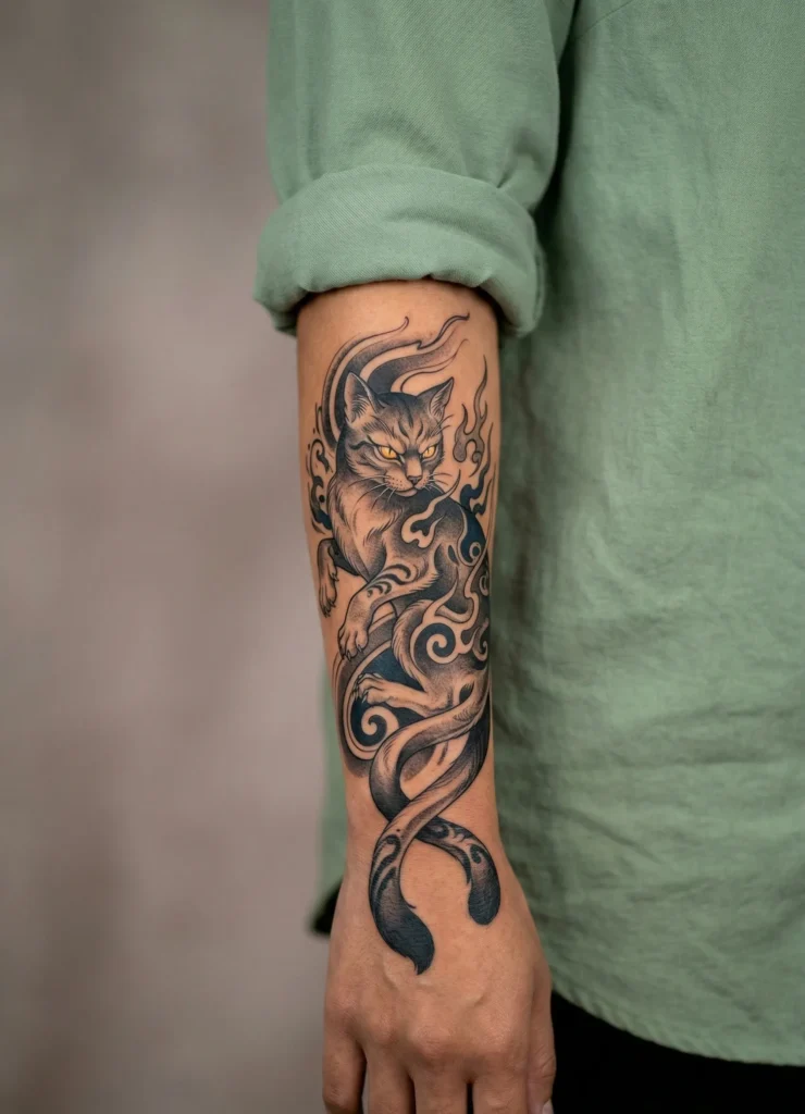 Japanese Nekomata Mythical Cat Tattoo