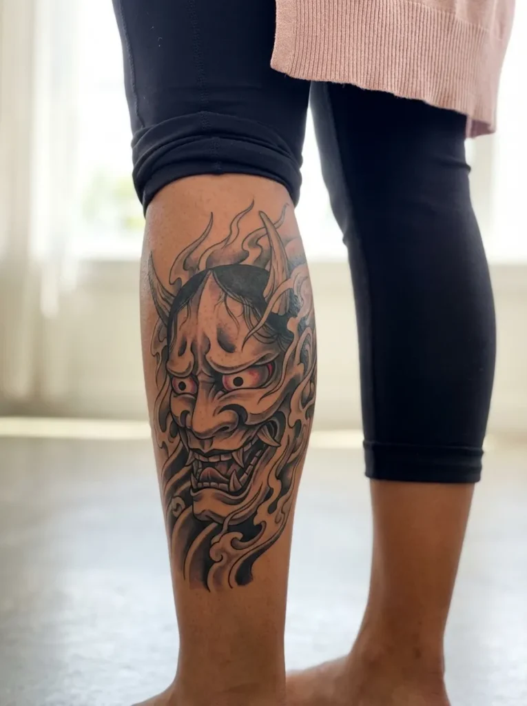 Japanese Oni Mask Leg Tattoo