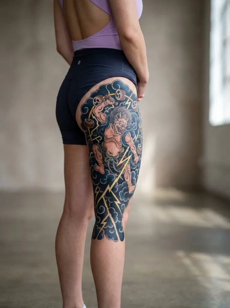 Japanese Raijin and Clouds Leg Tattoo