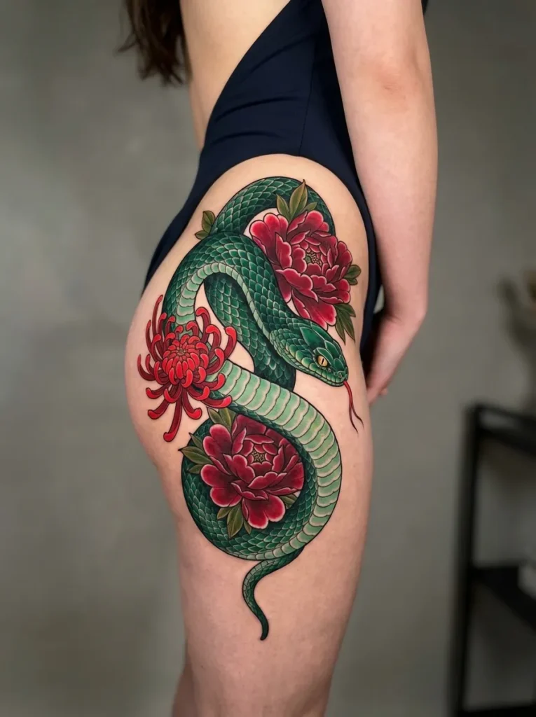 Japanese Snake (Hebi) in Emerald and Crimson
