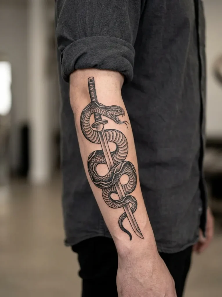 Japanese Snake Wrapped Around Katana