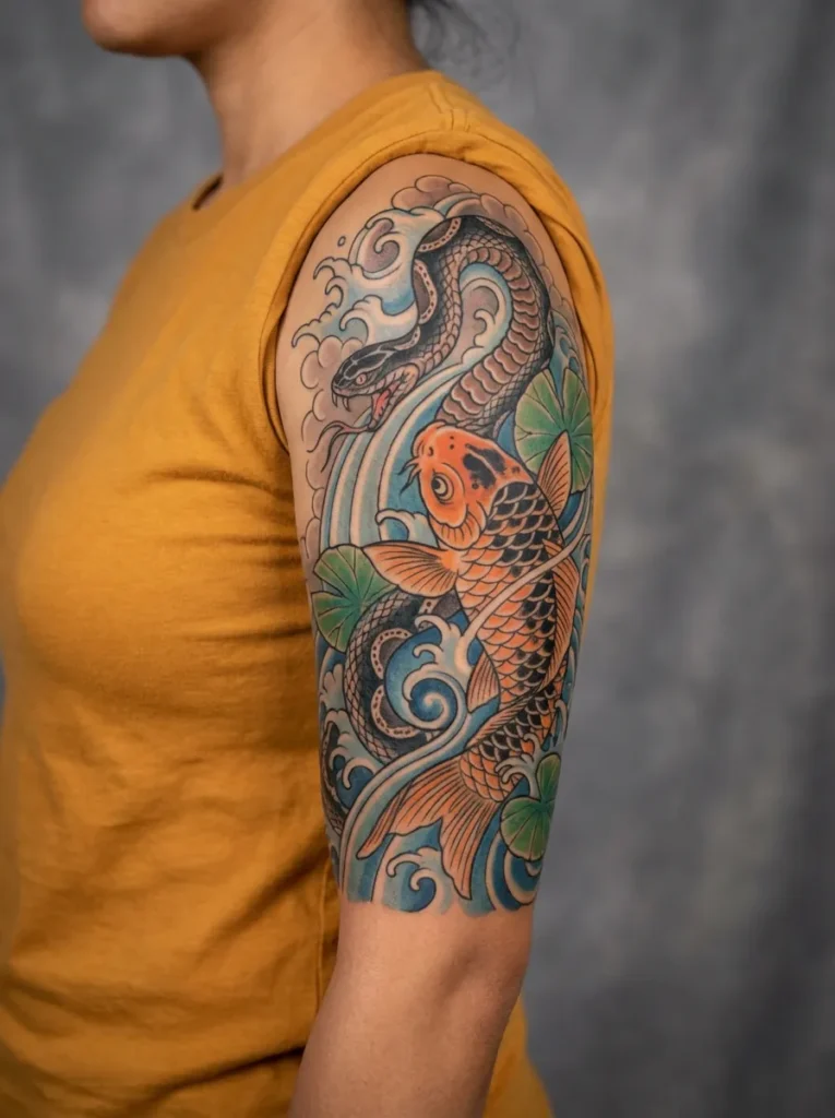 Japanese Snake and Koi Fish Scene