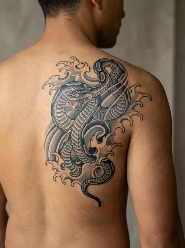 Japanese Snake with Wave (Nami) Background