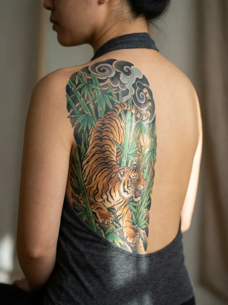 Japanese Tiger (Tora) with Colorful Bamboo