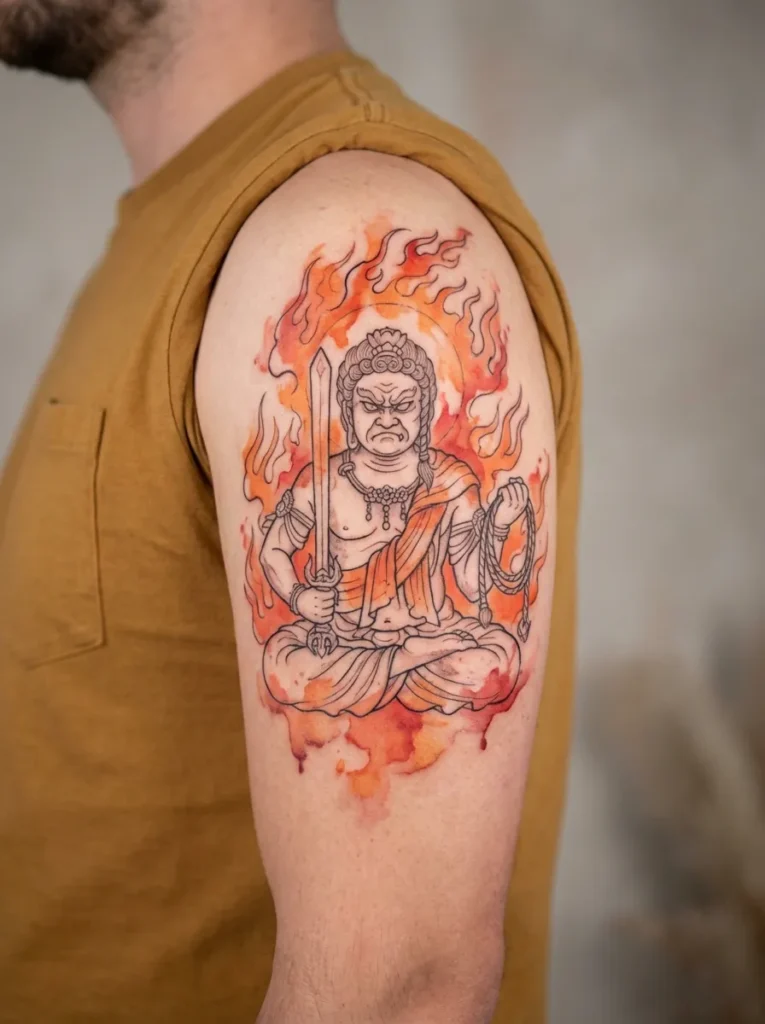 Japanese Watercolor Fudō Myōō Deity