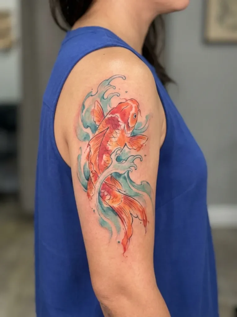  Japanese Watercolor Koi Fish with Flowing Waves