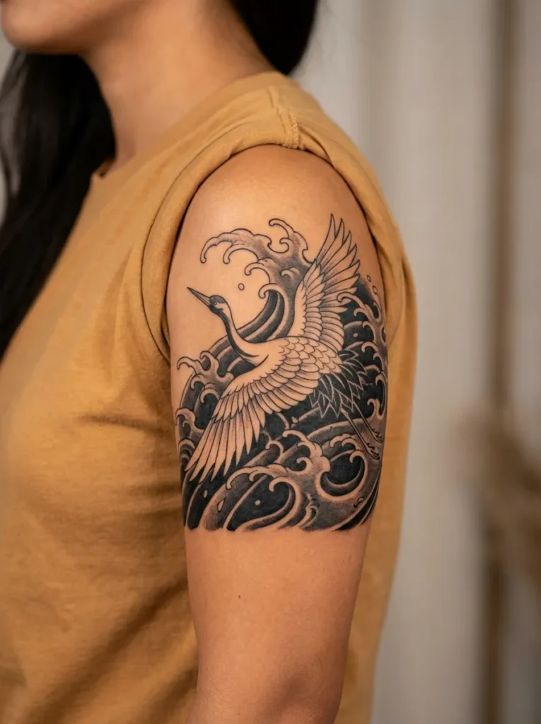 Japanese Wave and Crane (Tsuru)