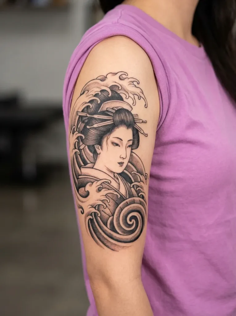 Japanese Wave and Geisha Portrait
