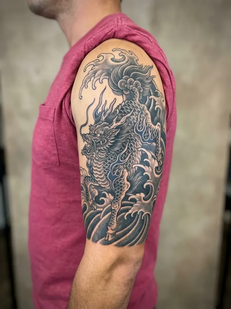 Japanese Wave and Kirin Mythical Scene