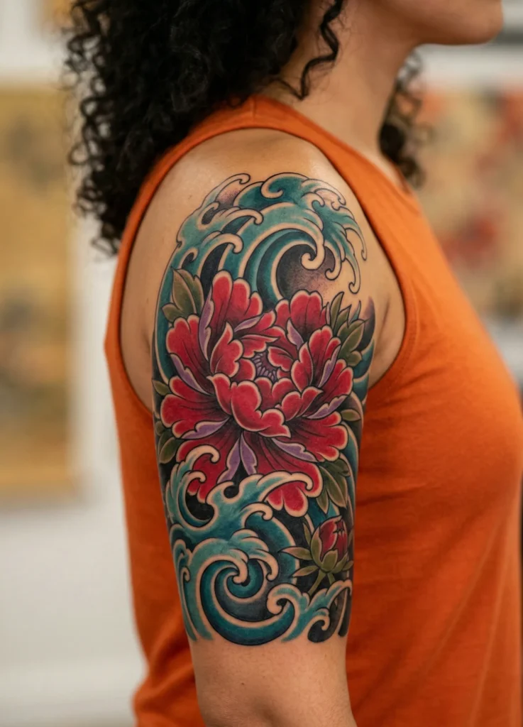 Japanese Wave with Peony (Botan)