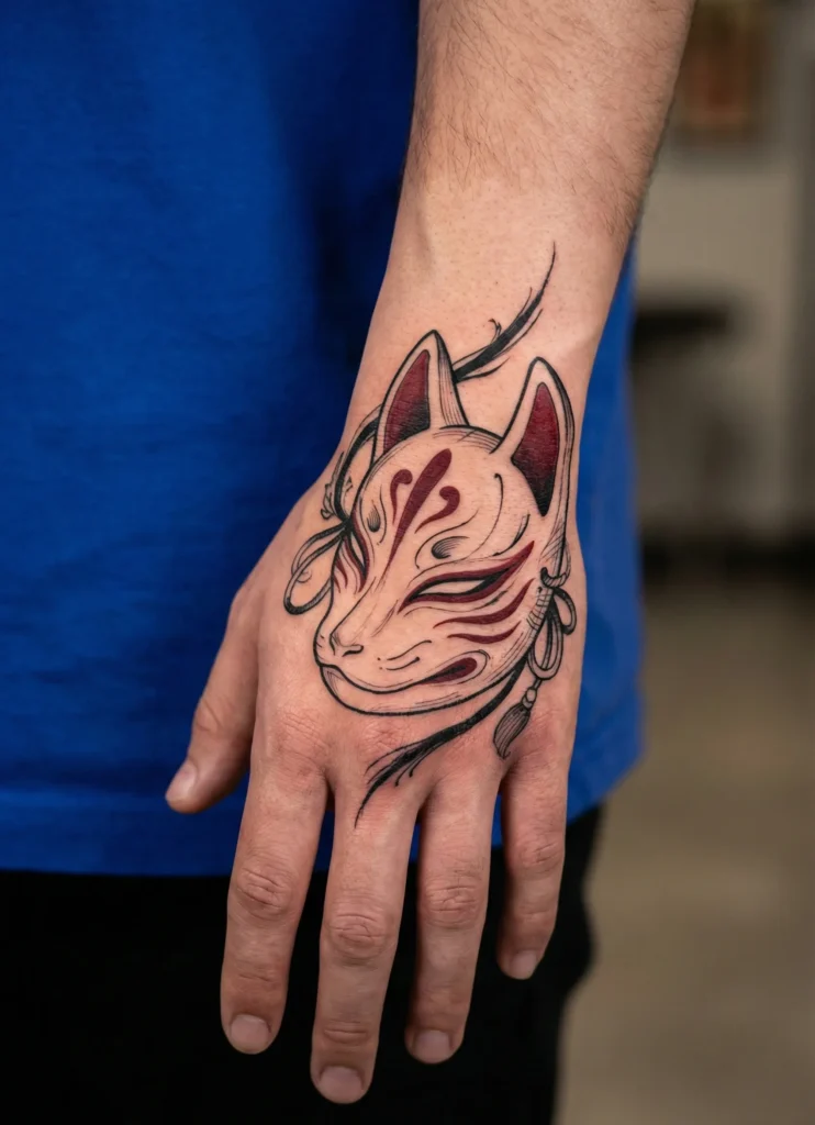 Kitsune Mask Hand Tattoo