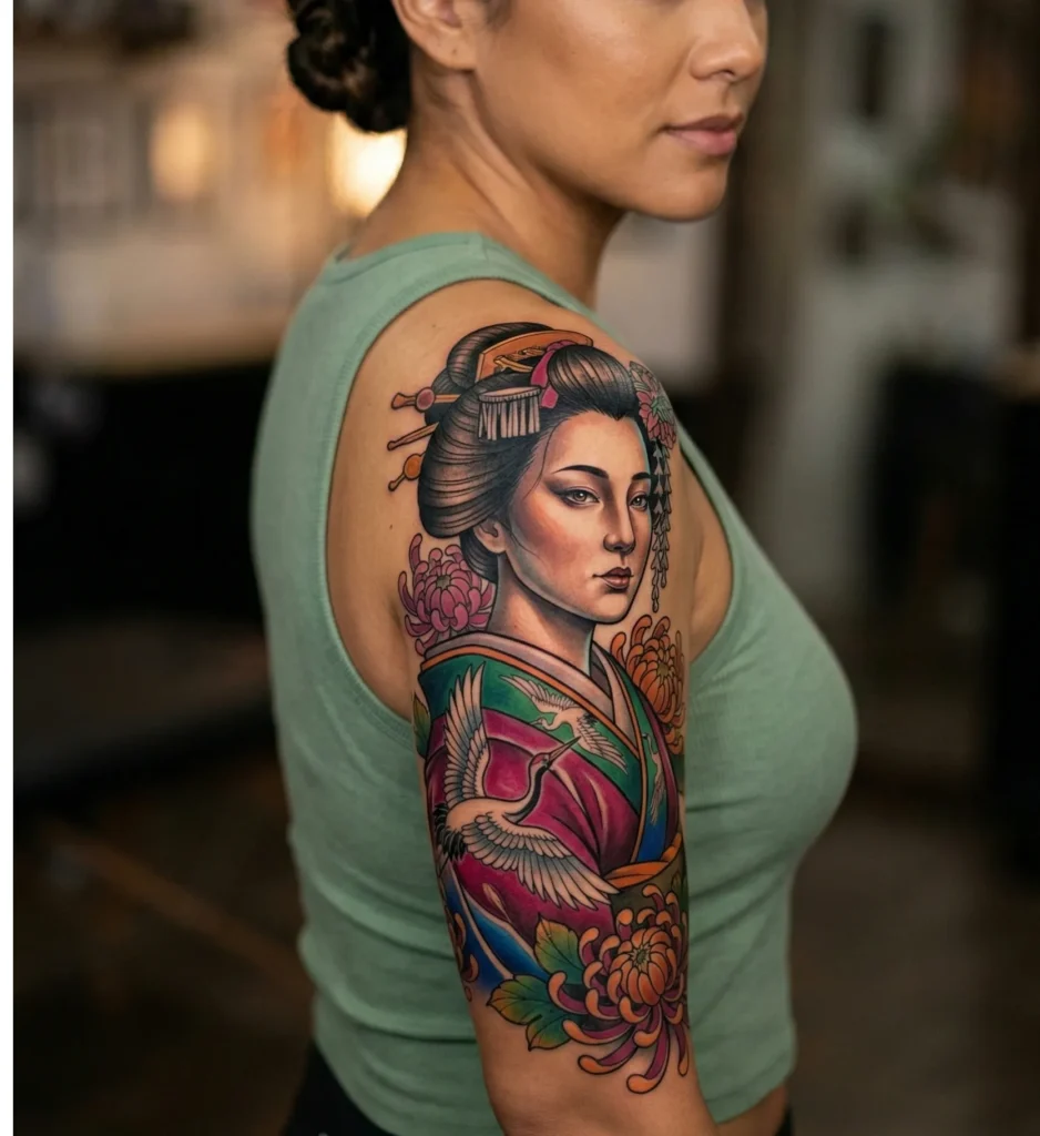 Neo-Traditional Geisha Portrait with Vibrant Kimono