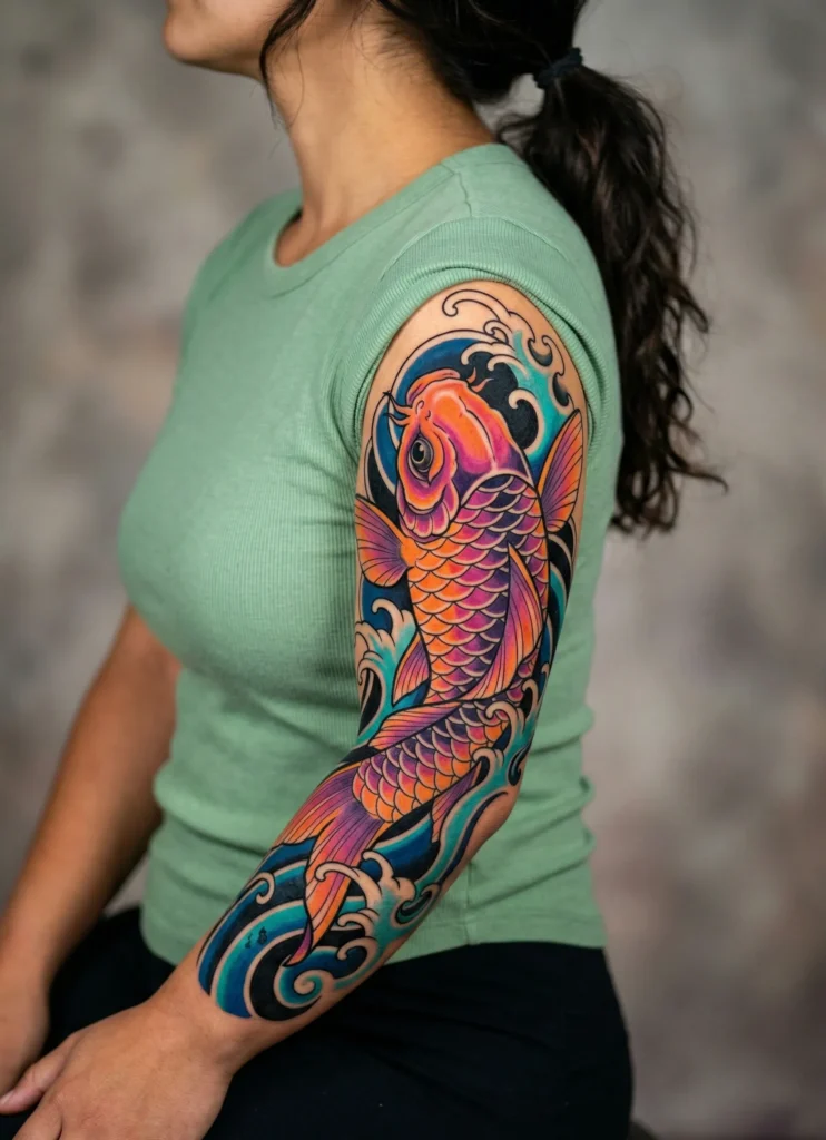 Neo-Traditional Koi Fish with Vibrant Waves
