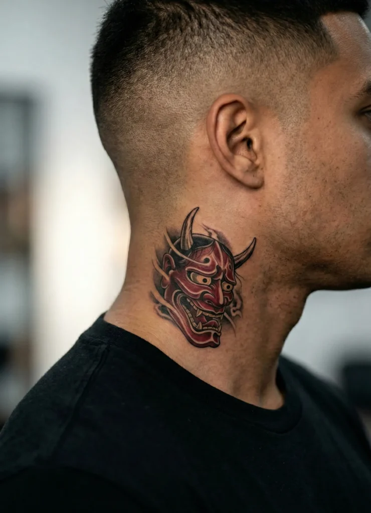 Oni Mask Neck Tattoo
