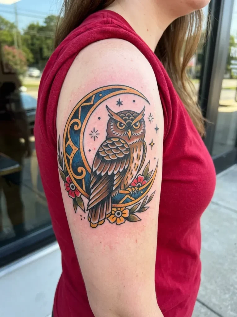 Owl and Crescent Moon Tattoo