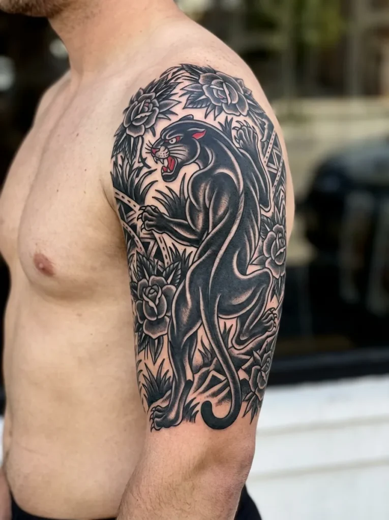 Panther in Motion Half Sleeve Tattoo