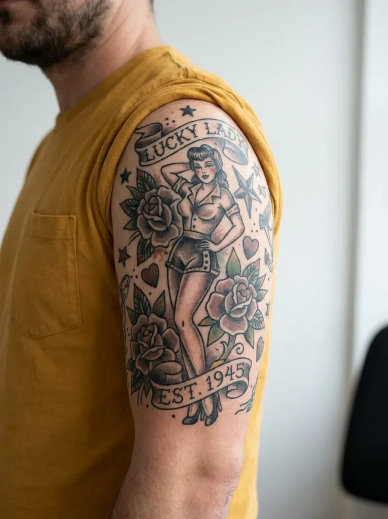Pin Up Girl & Banners Half Sleeve Tattoo