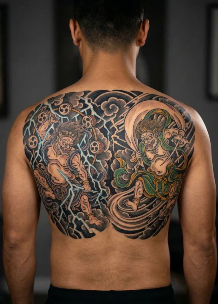 Raijin and Fūjin Dual Gods Back Tattoo