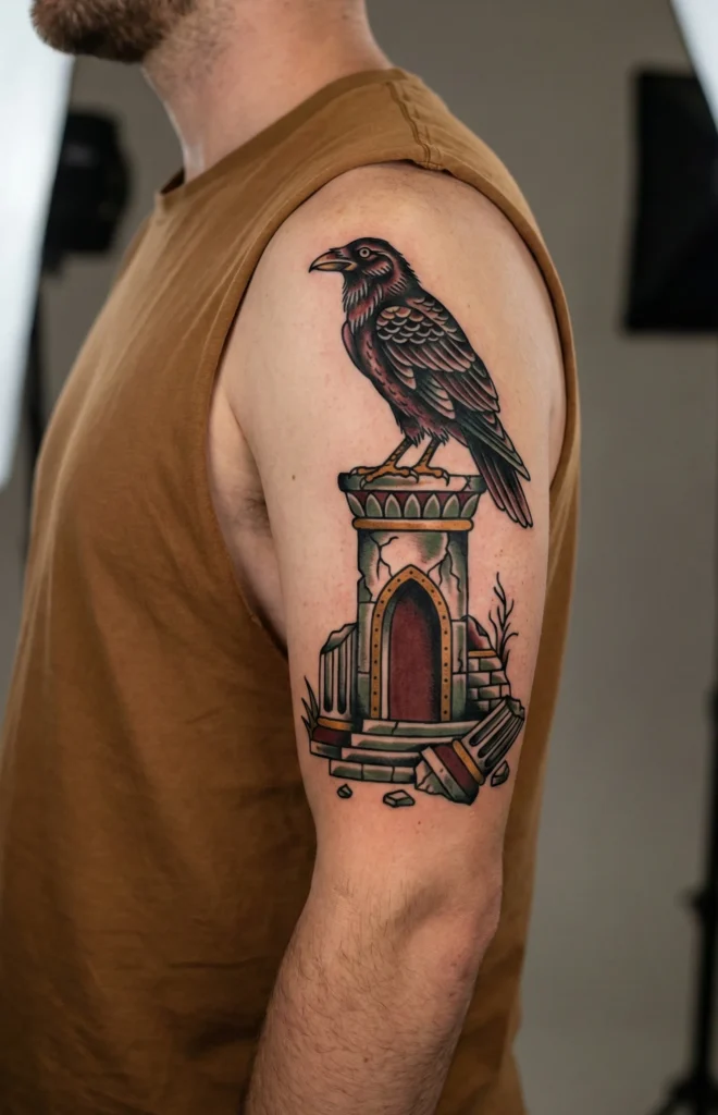 Raven and Ancient Ruins Tattoo