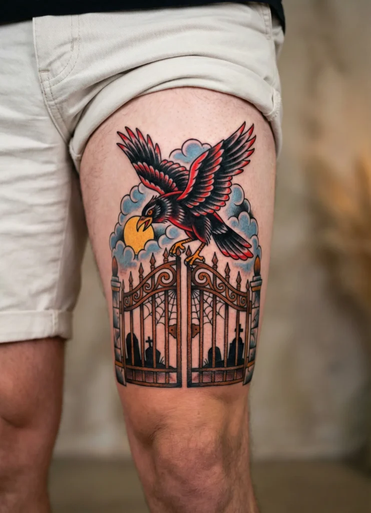 Raven in Cemetery Gate Scene Tattoo