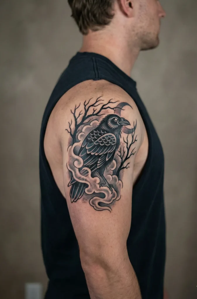 Raven in Foggy Forest Scene