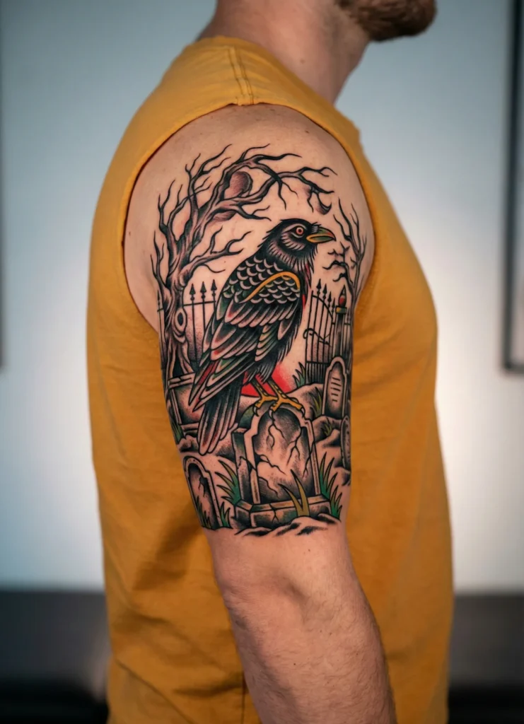 Raven in Graveyard Scene Tattoo