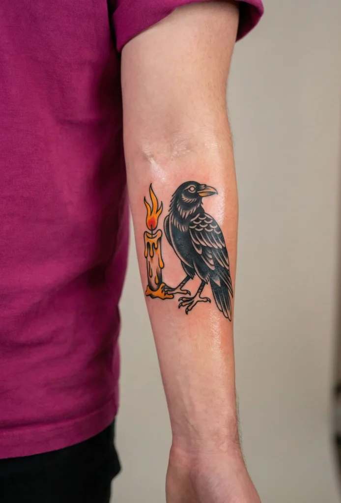 Raven with Burning Candle Tattoo