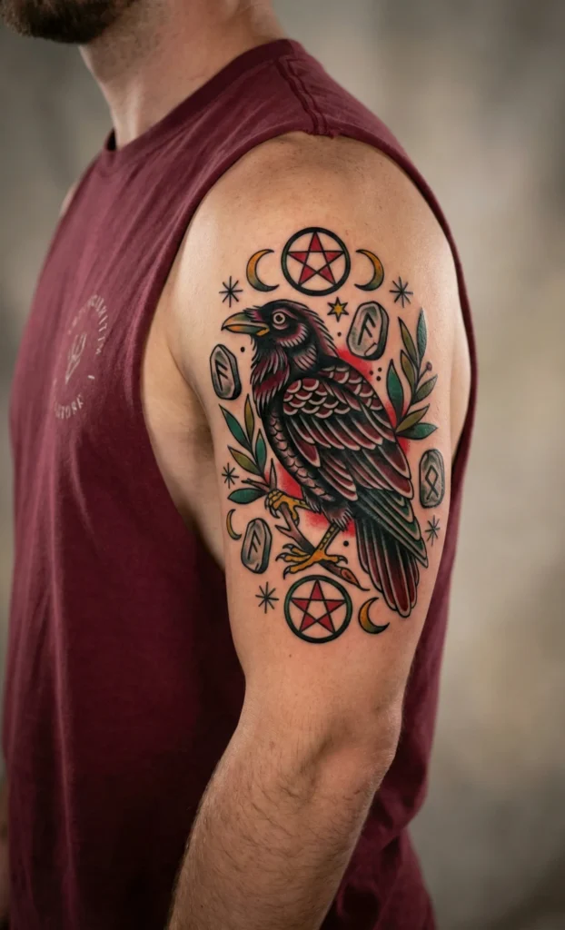 Raven with Occult Symbols Tattoo