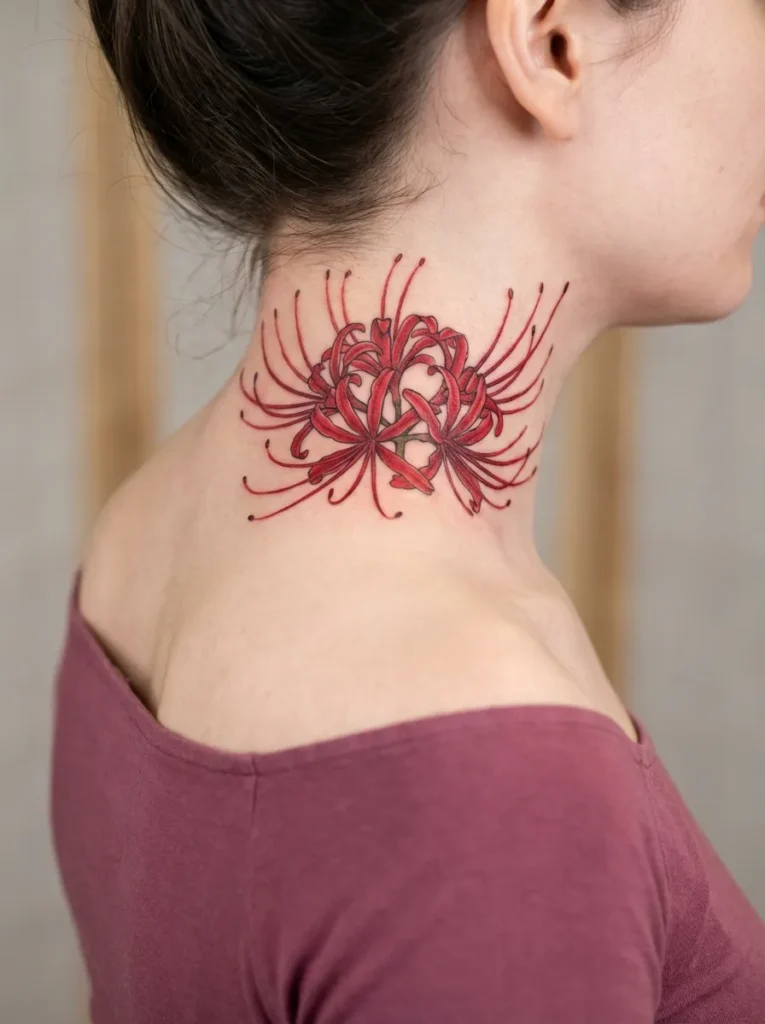 Red Spider Lily (Higanbana) Neck Tattoo