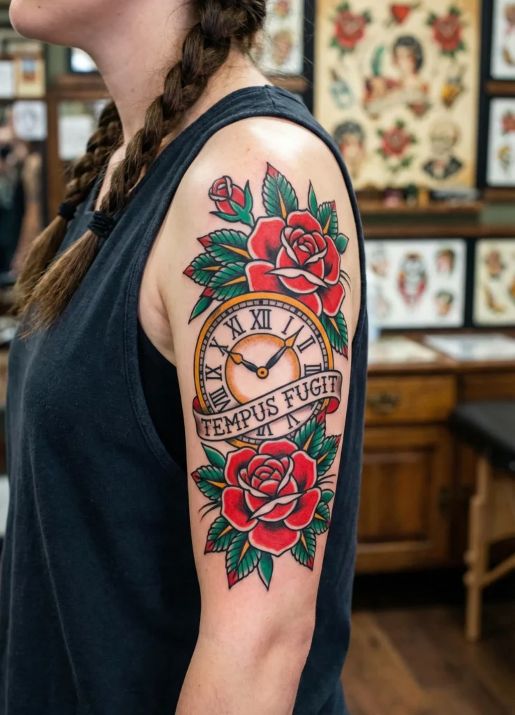 Rose and Clock Tattoo