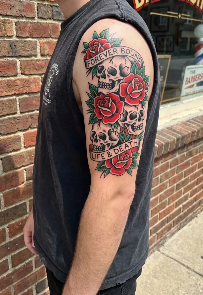 Skull and Roses Half Sleeve Tattoo
