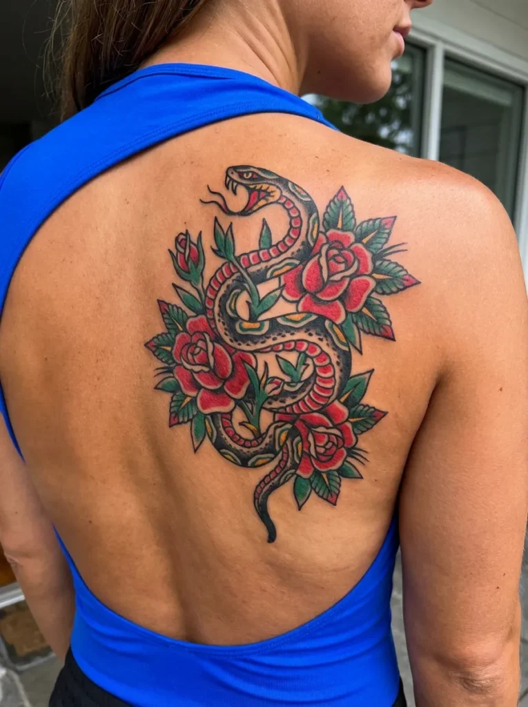 Snake and Flowers Tattoo