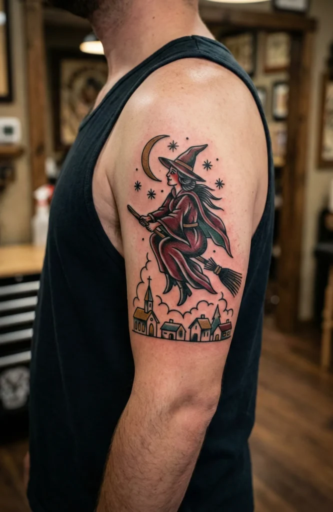 Witch Flying Over Village Scene