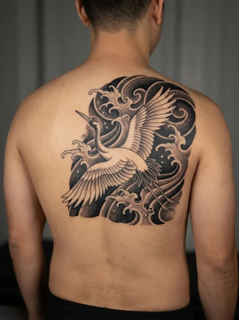 Black and Grey Crane (Tsuru) with Waves