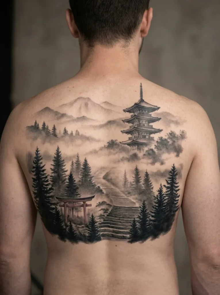 Black and Grey Temple Landscape