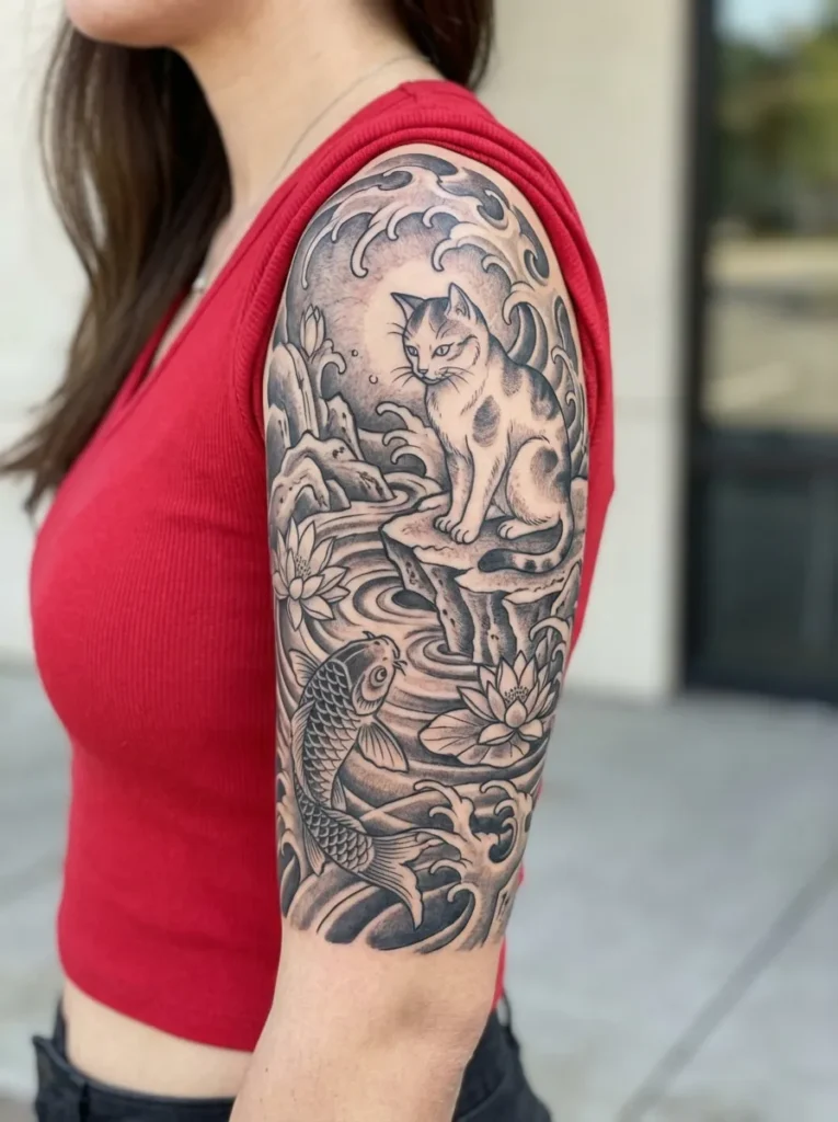 Cat with Koi Fish Scene